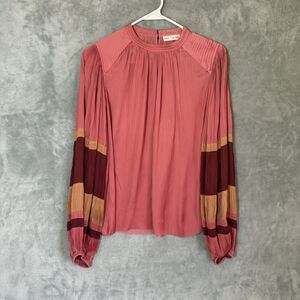 Ulla Johnson Top Size 8 Pink Satin Blouson Flowy Blouse Striped Long Sleeve